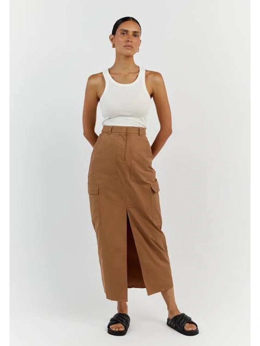 DISSH Ruby Tan Cargo MIDI Skirt Size 6